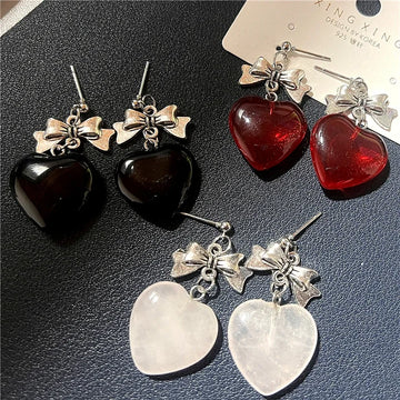 Daiiibabyyy Gothic Vintage Harajuku Cute Y2k Glass Heart Bowknot Pendant Earrings For Women Egirl Aesthetic 2000s EMO Jewelry Accessories